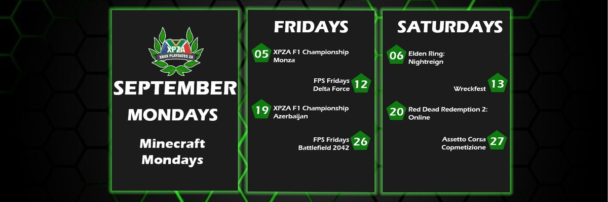 Proposed Schedule for September 2025:

1st, 8th, 15th, 22nd, 29th - Monday <a href="/Minecraft/">Minecraft</a> 
5th - F1 2024 (Monza)
6th - <a href="/ELDENRING/">ELDEN RING</a> Nightreign
12th - FPS Friday (Delta Force) 
13th - Wreckfest
19th - F1 2024 (Baku)
20th - Red Dead Online
26th - FPS Friday (<a href="/Battlefield/">Battlefield</a> 2042)
27th - ACC