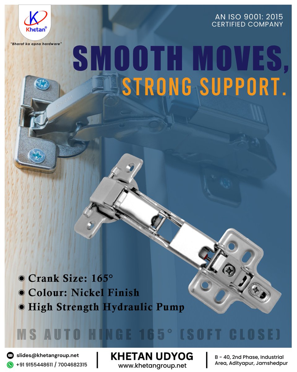 GroupKheta15982's tweet image. 🔹 Smooth Moves, Strong Support! 🔹
Experience the strength of Khetan MS Auto Hinges (165° Soft Close) – designed for durability and effortless motion.
.
.
.
.📞 +91 9155448611 / 7004682315
🌐 khetangroup.net

#KhetanUdyog #AutoHinge #SoftCloseHinge #FurnitureHardware