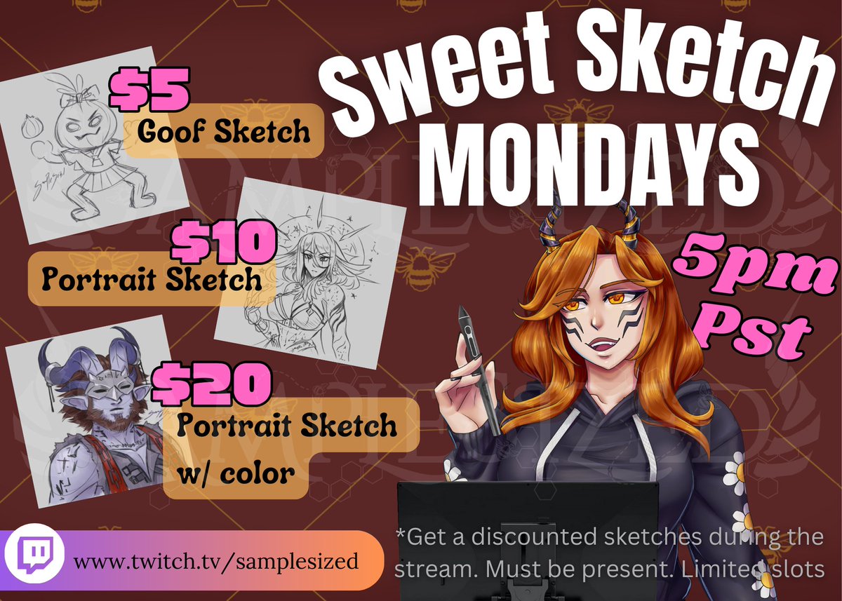SamplesizedA's tweet image. 😬No.... I did not forget to post about Sweet Sketch Monday. Yes, I remembered to advertise that I will be doing discounted art on stream Monday the 1st, which may or may not be today...😓
#art #vtuber #pngtuber #twitchstream #bee #paladin #doodle
