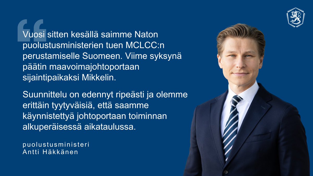 Puolustusministeri <a href="/anttihakkanen/">Antti Häkkänen</a> on tehnyt päätöksen Naton maavoimien johtoportaan toiminnan käynnistämisestä Mikkelissä.

Rauhan aikana johtoporras suunnittelee, valmistelee ja johtaa muun muassa liittokunnan yhteistä harjoitustoimintaa. 

Tiedote ⬇️
defmin.fi/ajankohtaista/…
