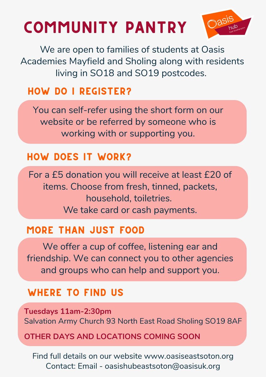 Oasis Hub East Southampton Community Pantry has moved. You can find us at Salvation Army Church, 93 North East Road, Sholing, SO19 8AF on Tuesdays 11am-2:30pm. We are continuing to welcome all our existing members and are registering new members. Register: forms.office.com/e/e5Ybytk9wz