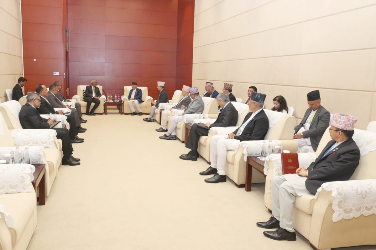 kpsharmaoli's tweet image. Had a warm meeting with H.E. Dr. Mohamed Muizzu, President of Maldives. We explored cooperation in agriculture, tourism, education, and people-to-people ties, &amp;amp; exchanged views on joint efforts to tackle climate change, addressing the shared concerns of mountain &amp;amp; ocean nations.