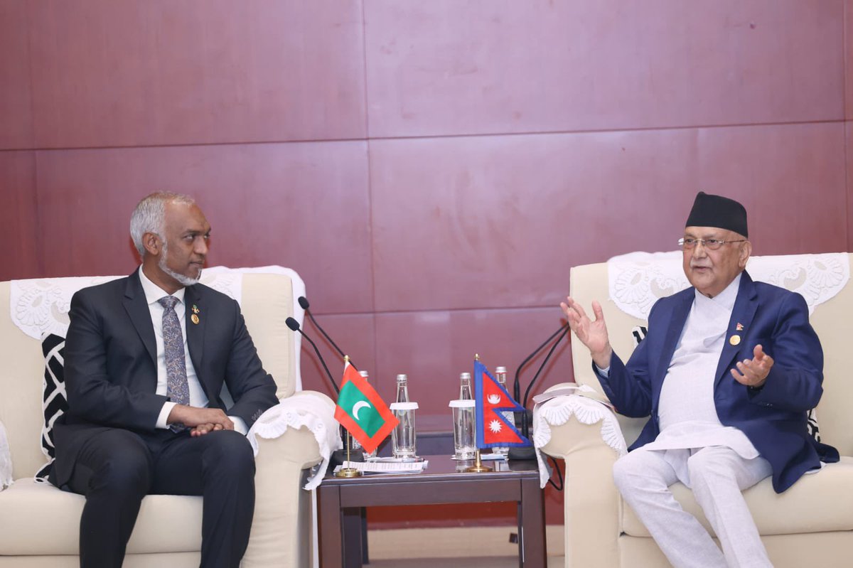 kpsharmaoli's tweet image. Had a warm meeting with H.E. Dr. Mohamed Muizzu, President of Maldives. We explored cooperation in agriculture, tourism, education, and people-to-people ties, &amp;amp; exchanged views on joint efforts to tackle climate change, addressing the shared concerns of mountain &amp;amp; ocean nations.