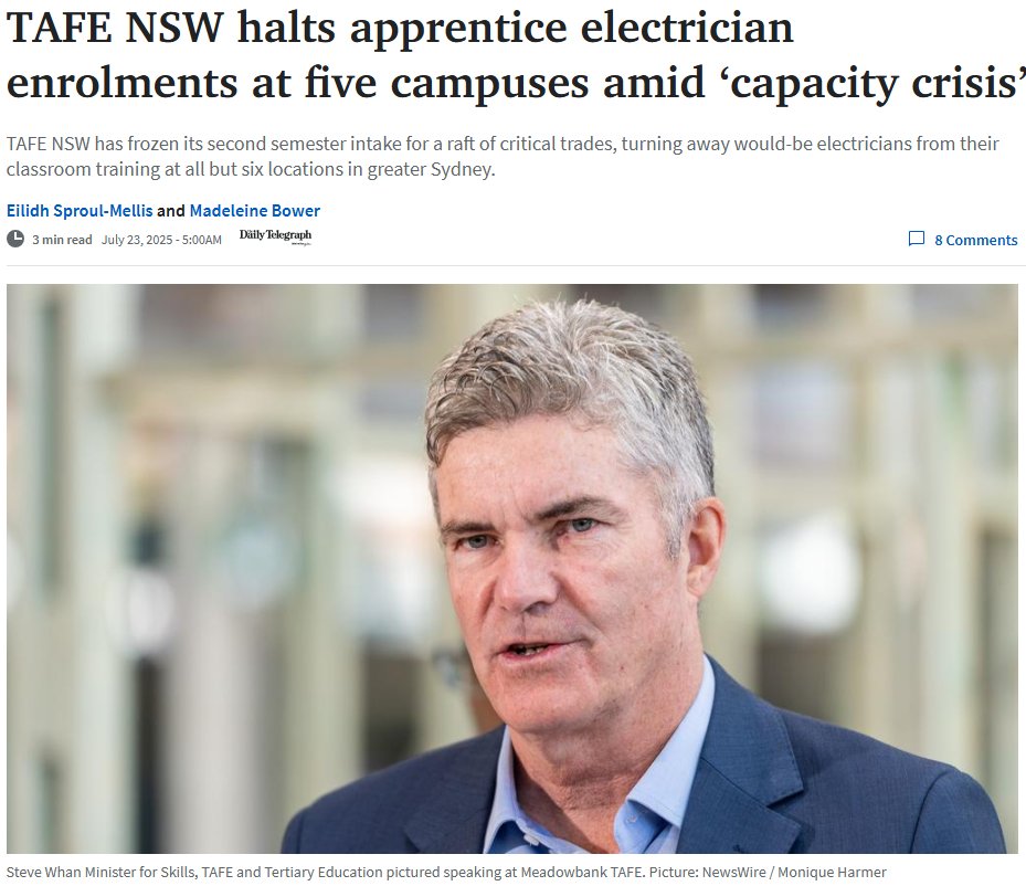 This is the 'Minister for Skills', but our Ponzi political class couldn't run a chook raffle. Agree / disagree? 🤔

📰 Industry insiders were informed earlier this month that more than 20 TAFE courses were already at capacity and the public provider would be unable to run