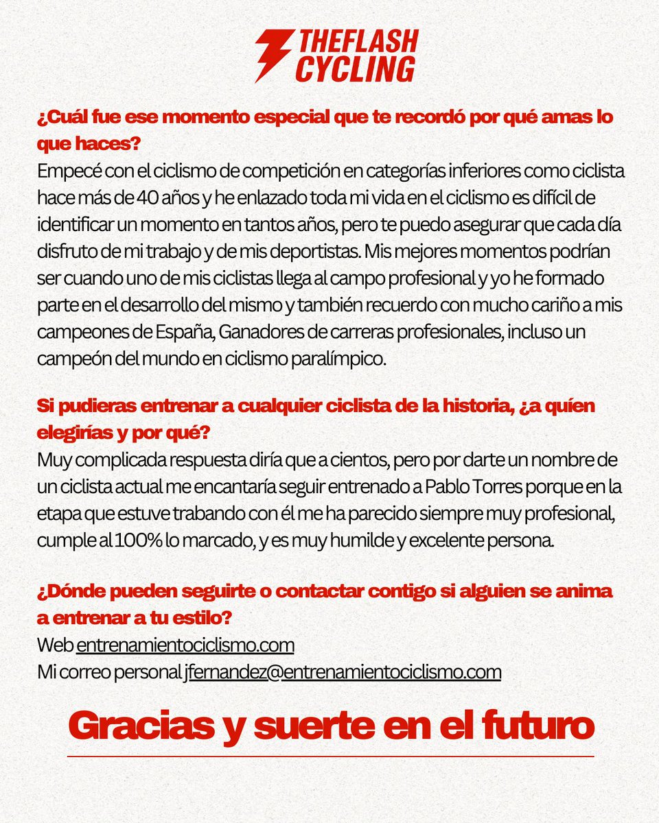 TheFlashCycling's tweet image. 🔴 PREGUNTAMOS A… Javier Fernández Alba 🔴
+30 años de experiencia como entrenador 🚴‍♂️
Director de Entrenamiento Ciclismo
+120 corredores dirigidos: World Tour y olímpicos.

En 8 preguntas nos revela su visión, su método y alguna curiosidad.
👉 ¿Qué hace grande a un entrenador?