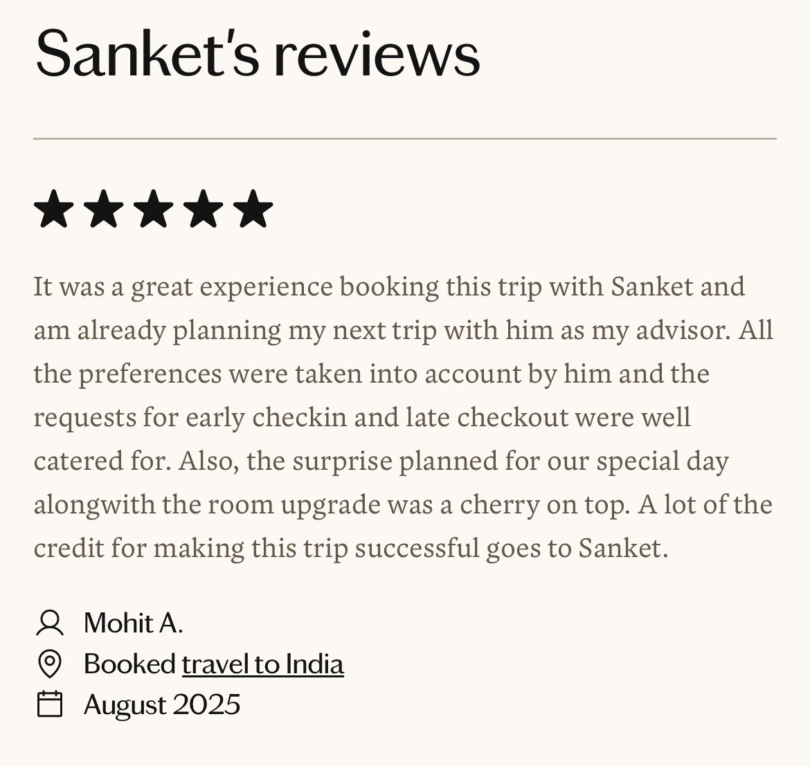 This first review on FORA is truly special! We're so glad we could go the extra mile to make this luxury trip memorable for our clients, including catering to their special requests and needs. We don't always have control over early check-ins or upgrades, but we'll always do our