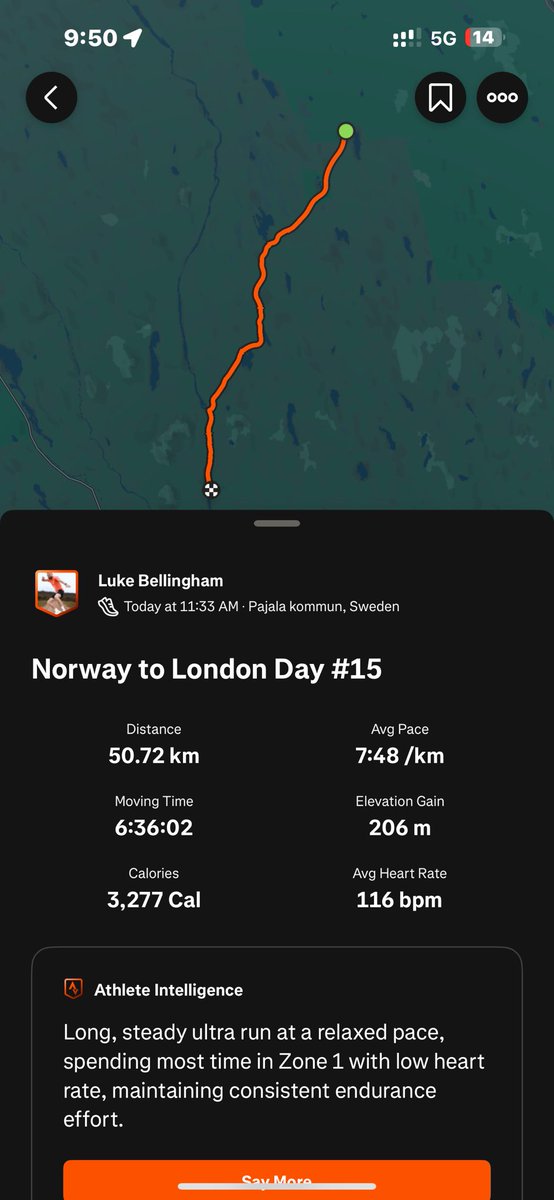 Norway to London Day #15
50.73km

I knew from the moment I started running the pace wasn’t there to get the day wrapped up quickly. Everything was going ok for the first half, I found running slower kept me from overworking my hamstring which was good!