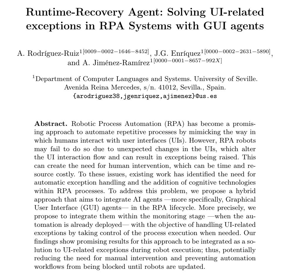 It's happening now! <a href="/AntonioRodRuiz/">Antonio Rodríguez Ruiz</a> is presenting our paper "Runtime-Recovery Agent: Solving UI-related exceptions in RPA Systems with GUI" in the #AUTOMATE workshop of <a href="/BPMConf/">BPM Conference</a> 
CC: <a href="/andresjram/">Andrés Jiménez Ramírez</a>