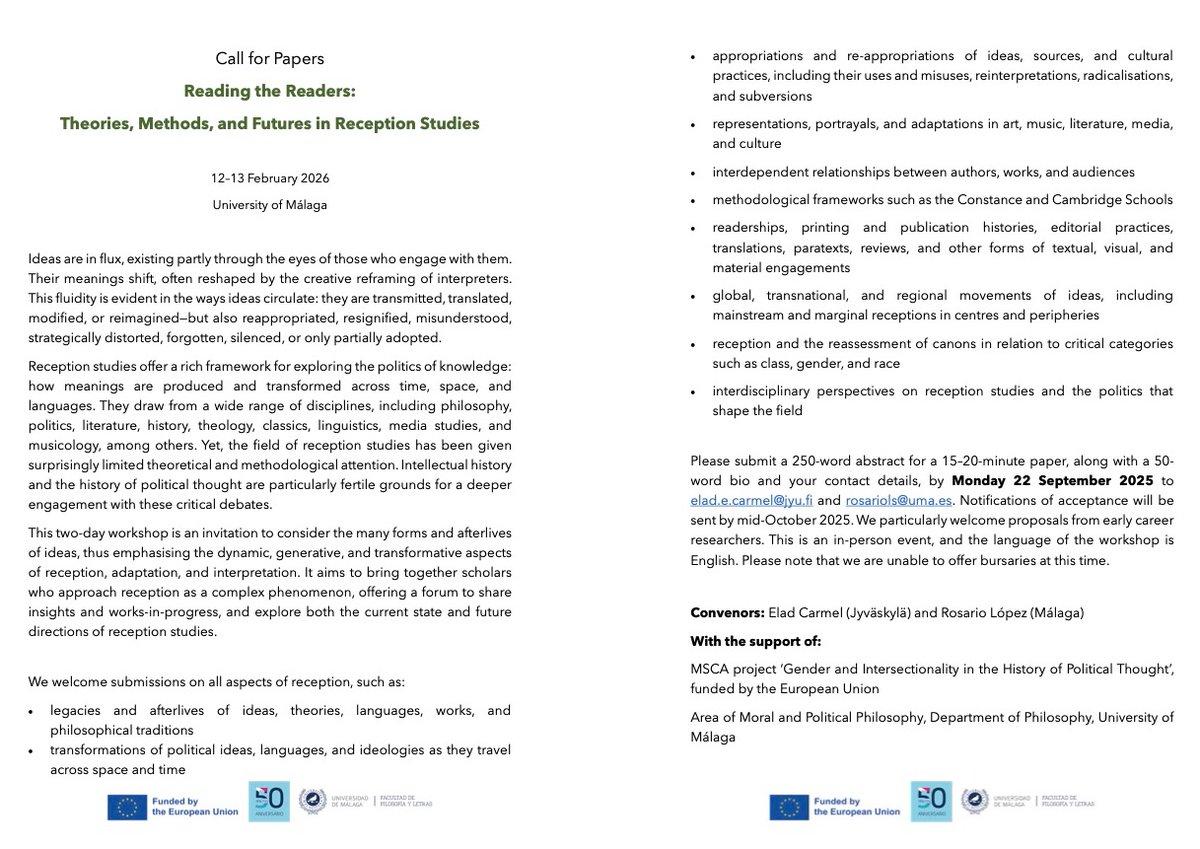 #CfP. Submit your proposal for the workshop "Reading the Readers: Theories, Methods, and Futures in Reception Studies", which I coordinate with Elad Carmel. Deadline 22 Sept
Join us to rethink the transformations and afterlives of ideas! 📢Pls circulate widely