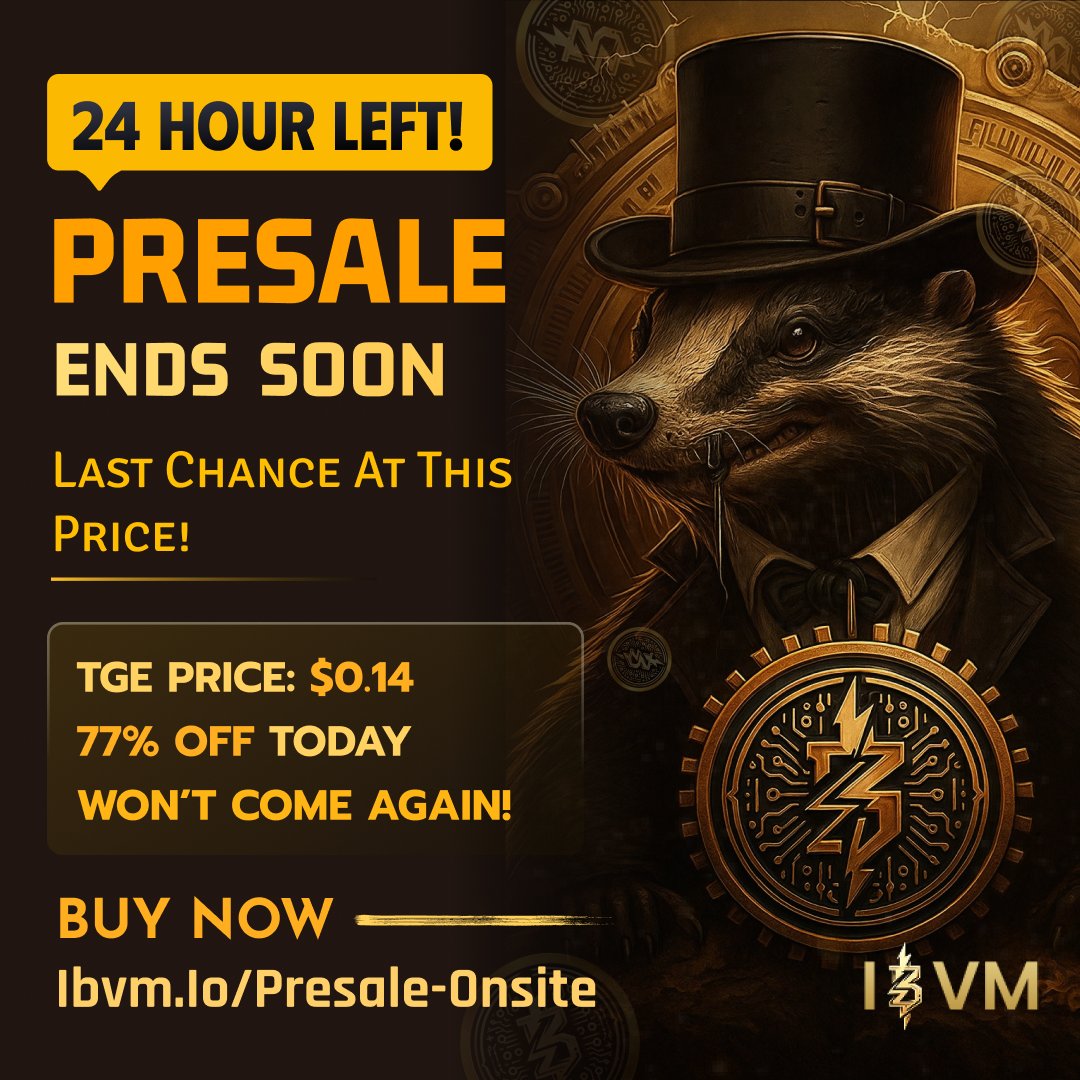 ⏳ Presale ends in just a few HOURS! ⏳

🔥 Last chance to grab IBVM at the community-only price!
👉 Buy now: ibvm.io/presale-onsite

⚡ TGE Price: $0.14 (77% OFF Today) – this early price will NEVER come again. Don’t miss it!