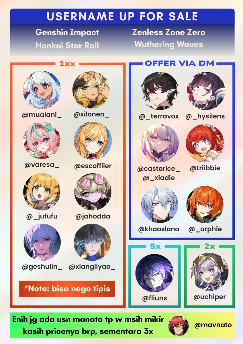 WTS Want to Sale
Username usn uname yuesen based on characters:
- Genshin Impact (GI) 
- Honkai Star Rail (HSR) 
- Zenless Zone Zero (ZZZ) 
- Wuthering Waves (WuWa)

#zonauang #zonajajan #ratzone #ratszone #ratspace