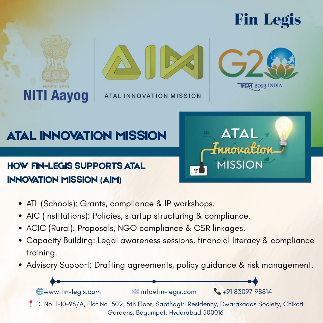 Empowering Innovation with Fin-Legis

Legal, financial &amp; compliance support for AIM - turning ideas into impact.

Know more: +91 83097 98814 
fin-legis.com

#AtalInnovationMission #FinLegis #StartupIndia #InnovationIndia #Entrepreneurship #MentorIndia