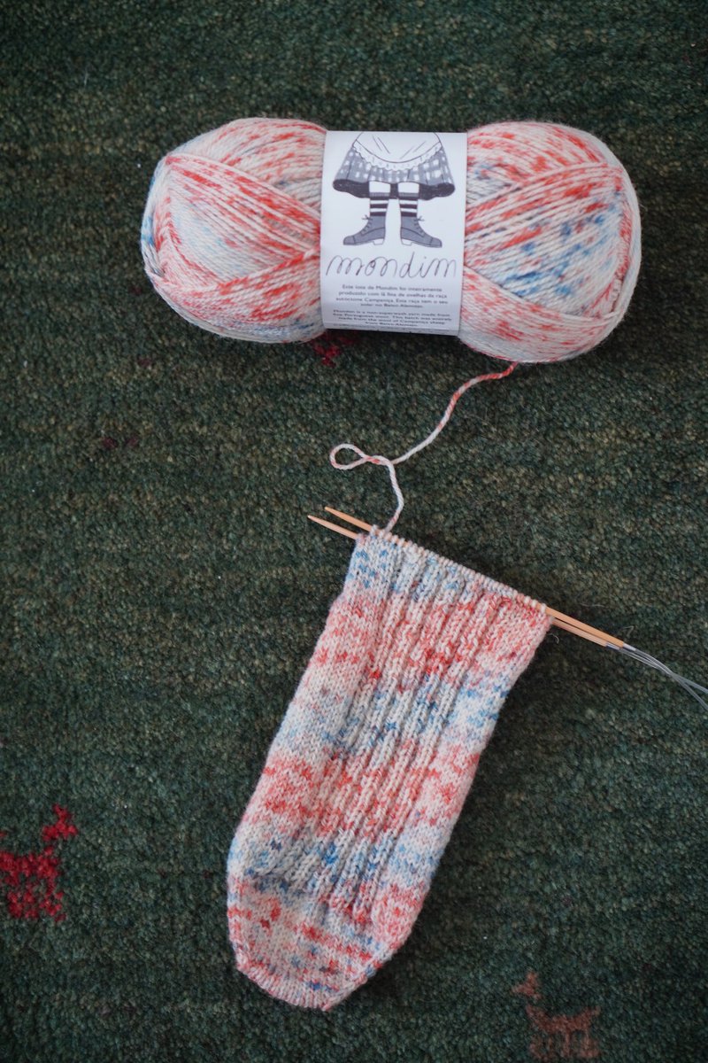 mondim 202（淡め発色）でリブソックスを編み中...🧶かわいい。

#編み物 #靴下編み