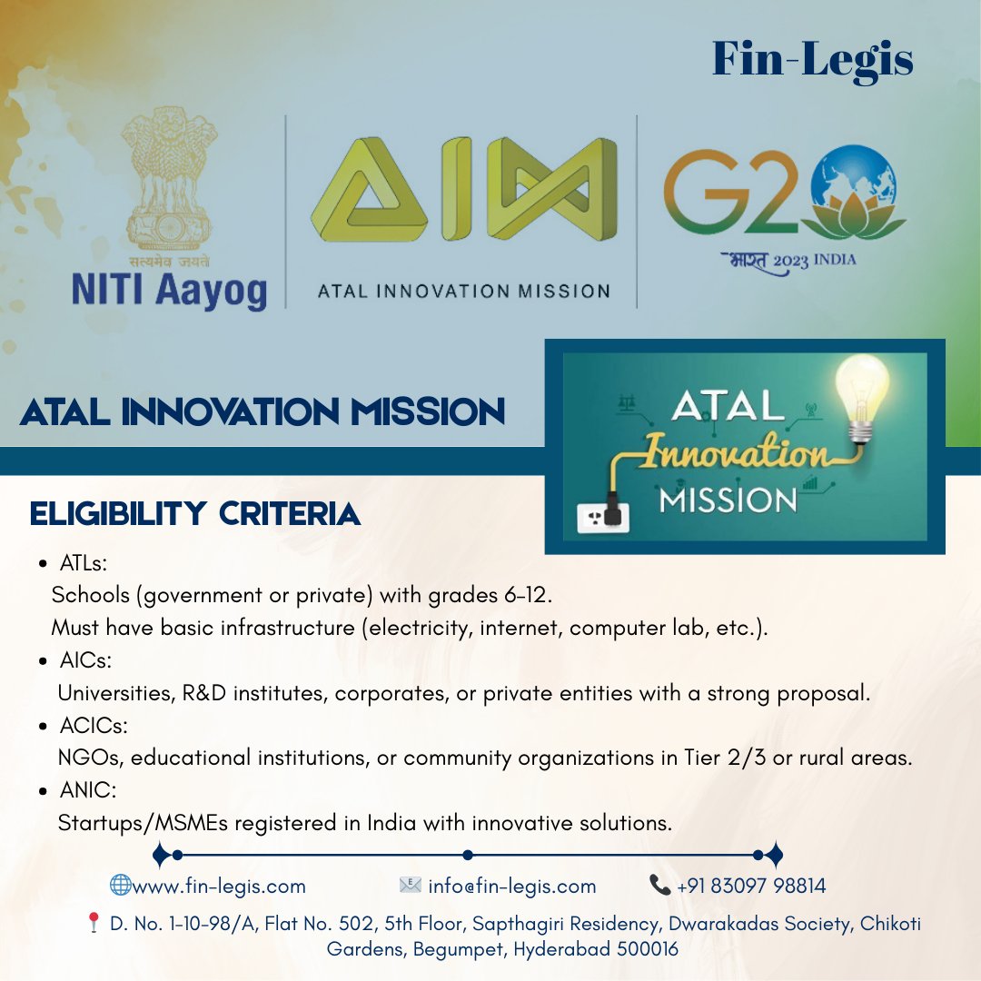 Empowering Innovation with Fin-Legis

Legal, financial &amp; compliance support for every step of AIM - turning ideas into impact.
Know more:+91 83097 98814
fin-legis.com

#AtalInnovationMission #FinLegis #StartupIndia #InnovationIndia #Entrepreneurship #MentorIndia
