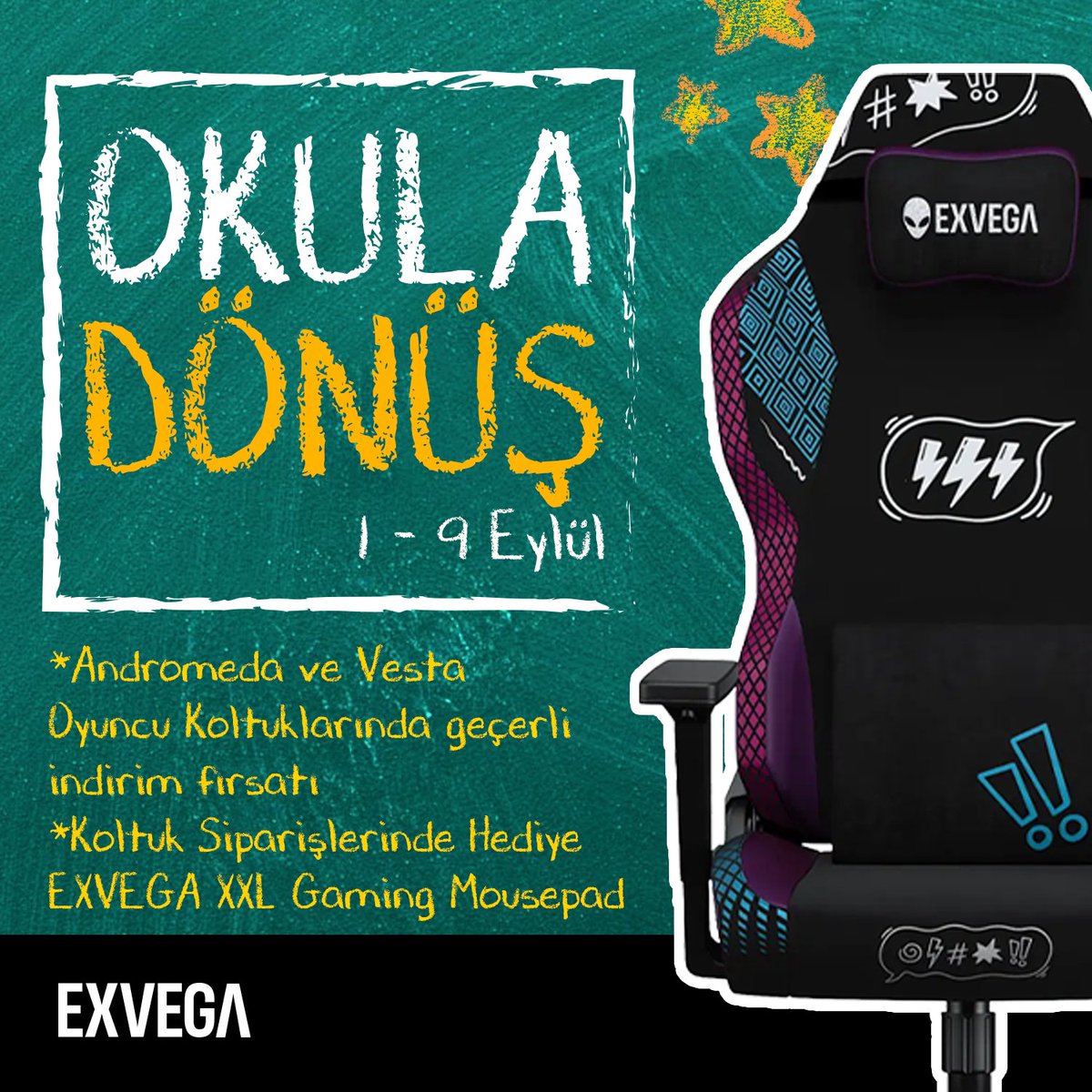 EXVEGAcom's tweet photo. 1 – 9 Eylül tarihleri arasında Andromeda ve Vesta oyuncu koltuklarında özel indirimler seni bekliyor! 🎮

Üstelik koltuk siparişlerinde hediye EXVEGA XXL Gaming Mousepad senin oluyor. 🖱️🔥

👉 Kampanya 9 Eylül’e kadar geçerli, kaçırma!
#EXVEGA #OkulaDönüş #OyuncuKoltugu https://t.co/kyQdddVZMV