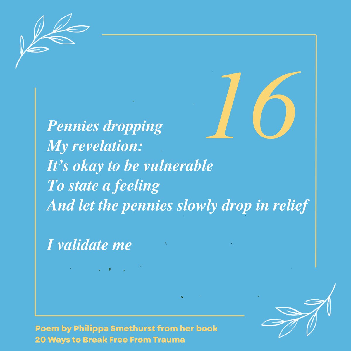 🌿 Poem 16/20: Pennies Dropping

The smallest realisation can shift everything. This week’s poem finds relief in vulnerability 🪙

➡️ Book on Amazon: 20 Ways to Break Free From Trauma

➡️ To receive my newsletters: philippasmethurst.com/news#contactfo…

#MentalHealth #HealingJourney #Trauma