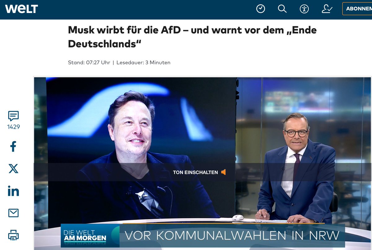 Elon #Musk spricht sich erneut für #AfD aus: „Entweder AfD oder das Ende Deutschlands!“ Viele Bürger spüren den dringenden Bedarf an Veränderung. Während das „Fairnessabkommen“ Kritik gegen #Migrationspolitik mundtot macht, bleibt die AfD eine Stimme der Vernunft. Im Ruhrgebiet