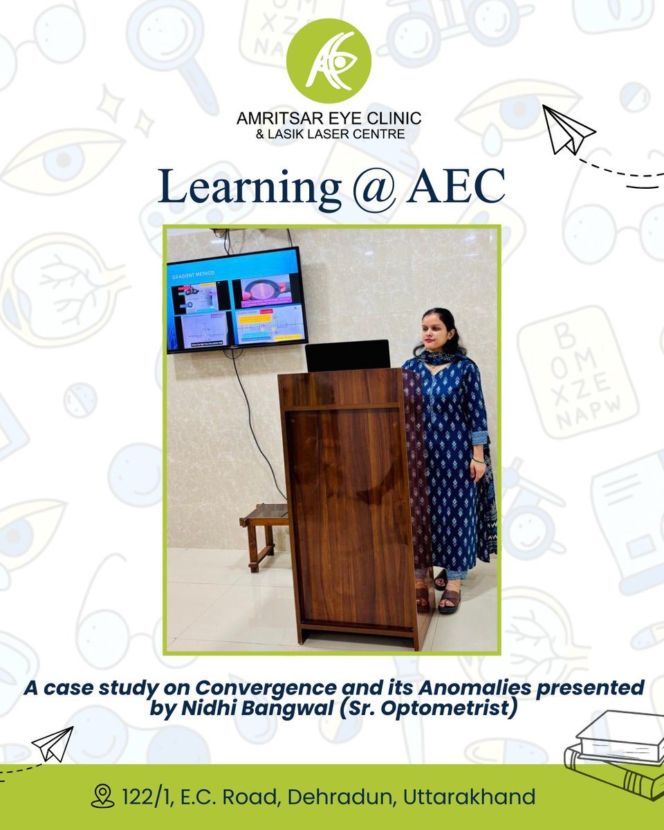 Amritsar_Eye's tweet image. Insightful presentation on Convergence and its Anomalies by Sr. Optometrist Nidhi Bangwal at Amritsar Eye Clinic &amp;amp; Lasik Laser Centre, Dehradun.
#AmritsarEyeClinic #OptometryEducation #ELDAStudy #MyopiaControl #LowDoseAtropine #ContinuousLearning
