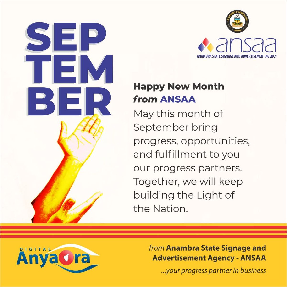 ✨️Happy New Month from ANSAA 

May this month of September bring progress, opportunities, and fulfillment to you our progress partners.

Together, we will keep building the Light of the Nation.

ANSAA... your progress partner in business

#ANSAA
#anambra