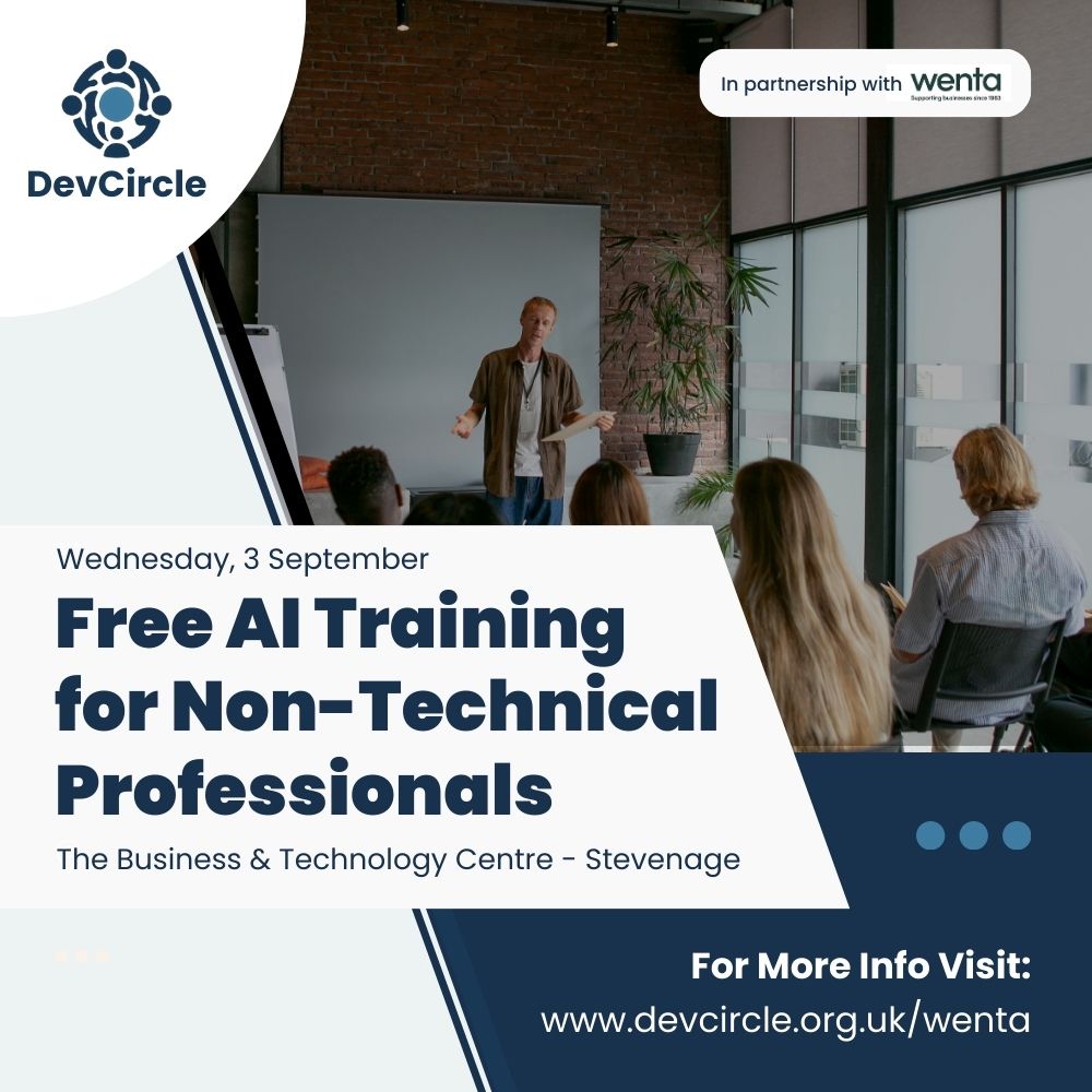 devcircleuk's tweet image. 🚀Learn how to confidently use AI to boost productivity and transform your everyday work.

📍 Stevenage | 3rd September
🤝 In partnership with @thewentagroup
🔗 Reserve your spot now: devcircle.org.uk/wenta

#DevCircleUK #BuildInfluence #TechForGood #SocialImpact #AITraining