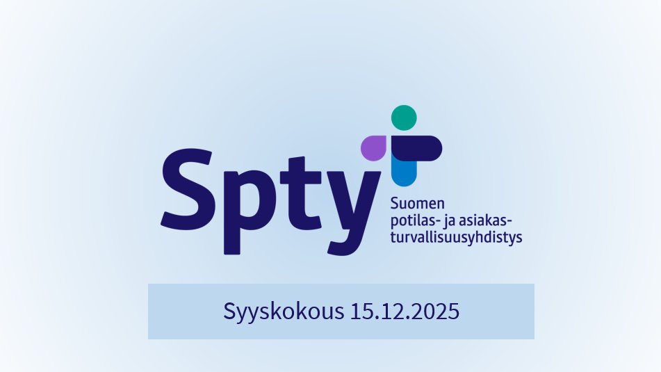Save The Date
📌 @SPTY syyskokous on 15.12. klo 17:30-. 
Tervetuloa mukaan. Ilmoittaudu mukaan info<a href="/spty/">Rita D</a>.fi.
📌 Varaa myös kesäseminaarin päivä 11.6.2026 Helsingissä.
Lisätietoa sivuillamme ohjelmien varmistuttua.
#potilasturvallisuus #asiakasturvallisuus #yhteinenasia
