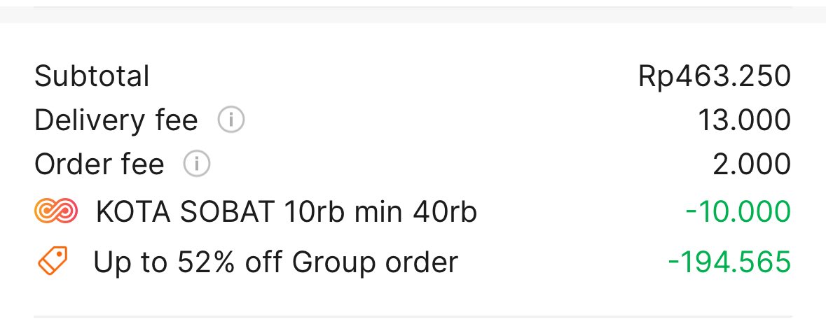 Guys, seriously try this feature because the promo is insane, but different resto’s different promo start from 15-52% (cmiiw), here’s mine today ^^ the more people the bigger disc you got ❤️