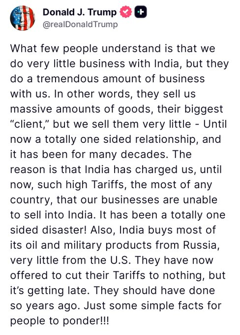 🚨🇮🇳🇺🇸 Trump accuses India of 'totally one sided relationship' following Modi’s meetings with Putin and Xi at SCO summit