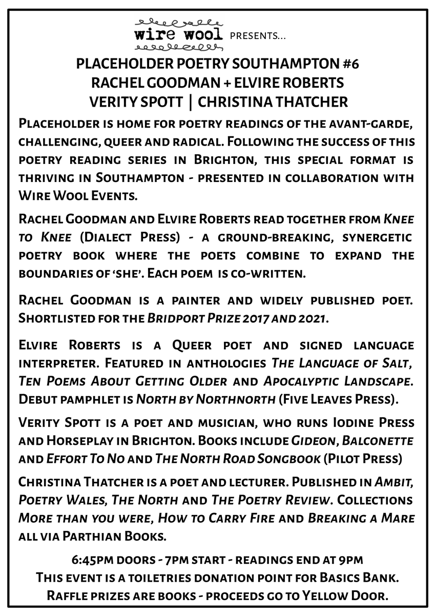 wire wool (@wirewoolevents) on Twitter photo THURSDAY!
Join us for avant-garde, challenging, queer, radical poetry from 4 remarkable creatives.
Last few seats, only a fiver: wirewoolevents.com THURSDAY!
Join us for avant-garde, challenging, queer, radical poetry from 4 remarkable creatives.
Last few seats, only a fiver: wirewoolevents.com