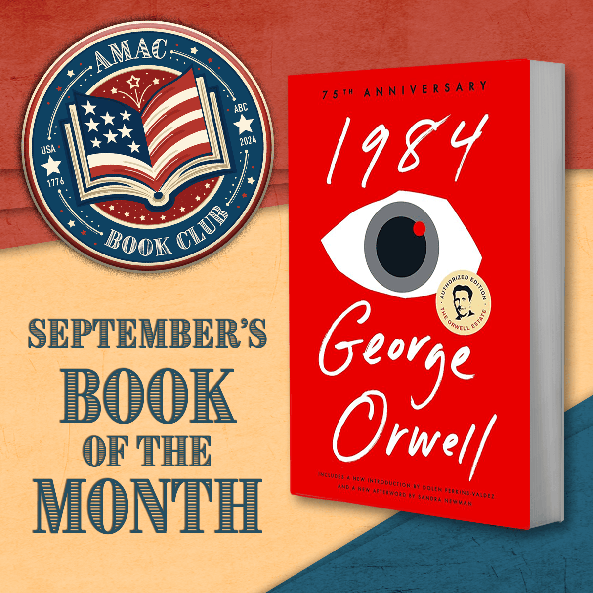 AMACforAmerica's tweet photo. 📖 Big Brother is reading… are you?  
Join the AMAC Book Club this September as we explore 1984 by George Orwell — a classic on government overreach and surveillance. Reflect on its relevance today. 📚  

Purchase here: https://t.co/WJ3Co5Al47 

#AMACBookClub #1984 #George https://t.co/cHj16IT1pP
