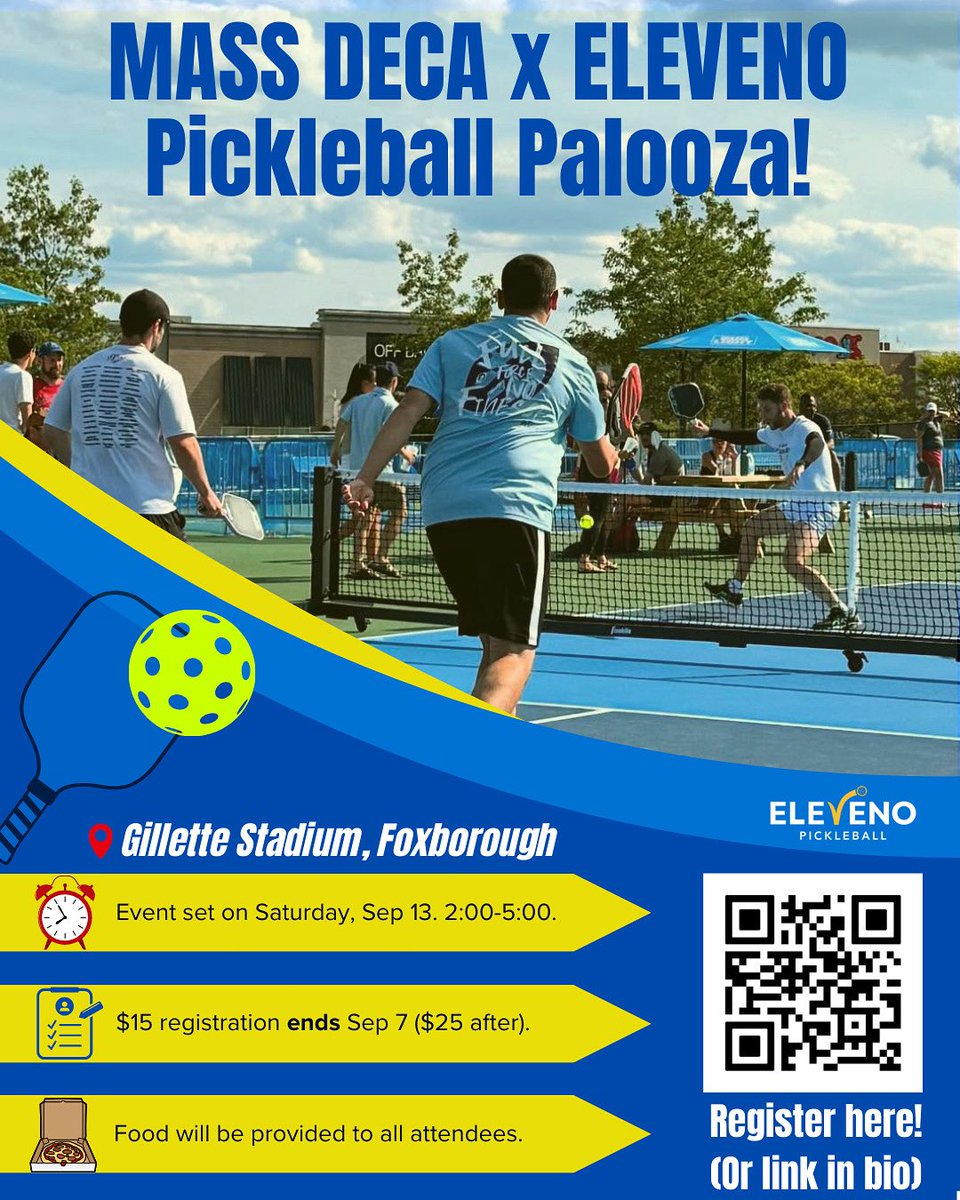 KPDECAchapter's tweet image. Sign ups for the DECA PICKLEBALL PALOOZA with ELEVENO Pickleball end in 1 WEEK!!! 

Rally your DECA chapter together and sign up by September 7th for this pickleball and networking event with the QR code! #deca #massdeca #pickleball #eleveno