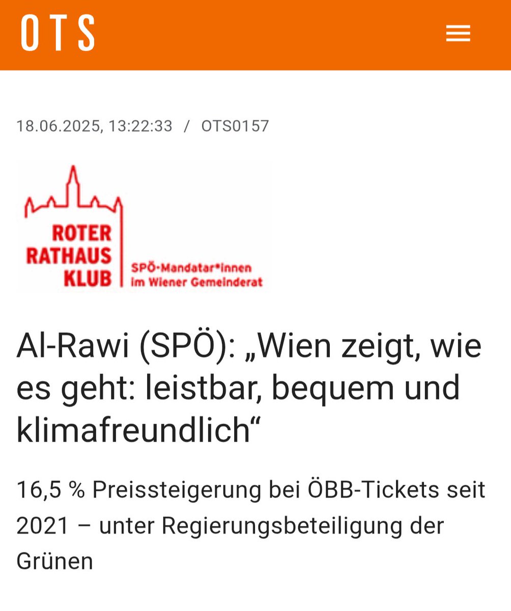 Im Juni 2025 hat sich die spö noch darüber aufgeregt, dass die öbb Ticketpreise um 16,5% gestiegen sind.
Aber auch der Rest ist lesenswert, wenn man sich jetzt die Preissteigerungen um 30% in Wien anschaut 😂
ots.at/presseaussendu…