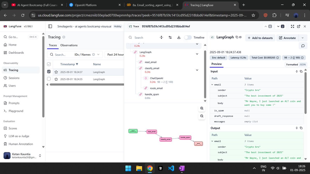 KauntiaKetan's tweet image. started off with @teamlangflow !!
Work on an Email Sorting Agent based on #langflow
observation log's below from #langfuse portal