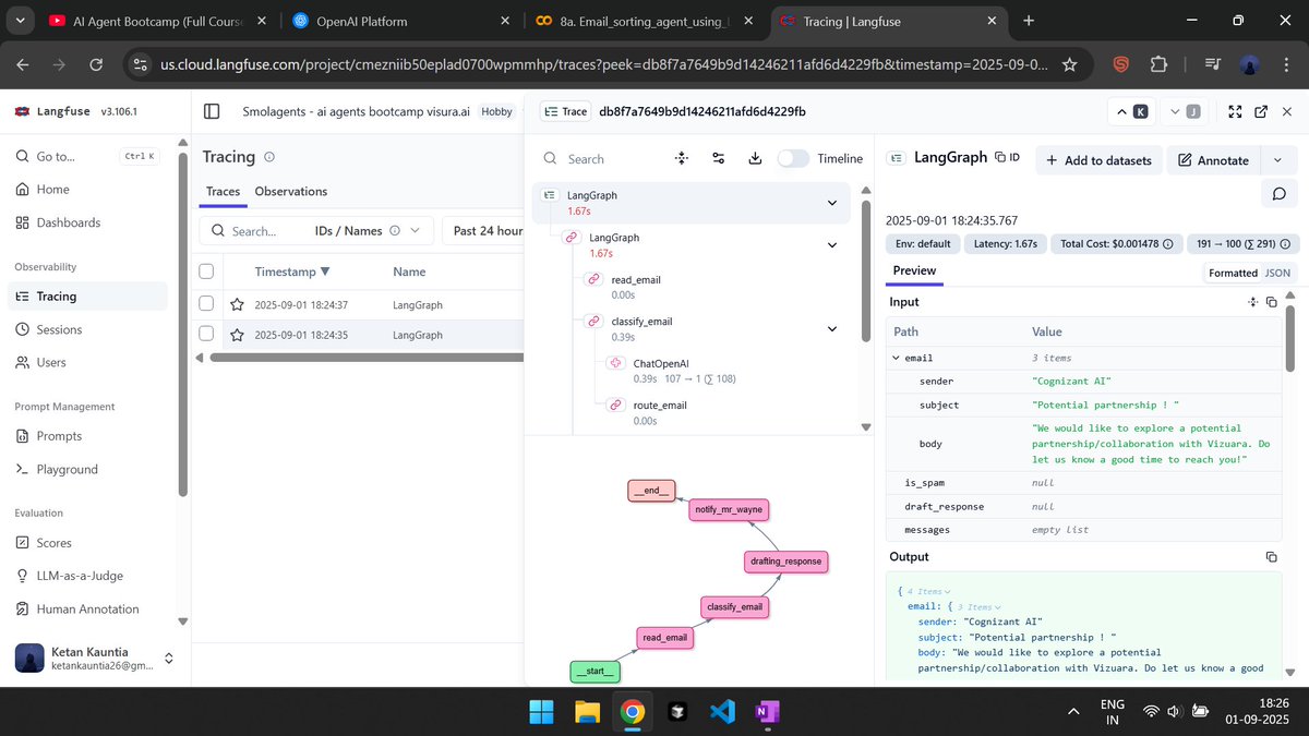 KauntiaKetan's tweet image. started off with @teamlangflow !!
Work on an Email Sorting Agent based on #langflow
observation log's below from #langfuse portal