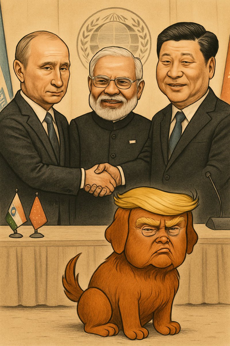 jaymal2312's tweet photo. #SCO2025 #PutinModiXi #PoliticalCartoon #FunnyPolitics #WorldLeaders #SummitHumor #GlobalPolitics #SatireArt #PoliticalMeme #SCOSummit #LeadersHandshake #CartoonHumor https://t.co/WPJUsh2nkC