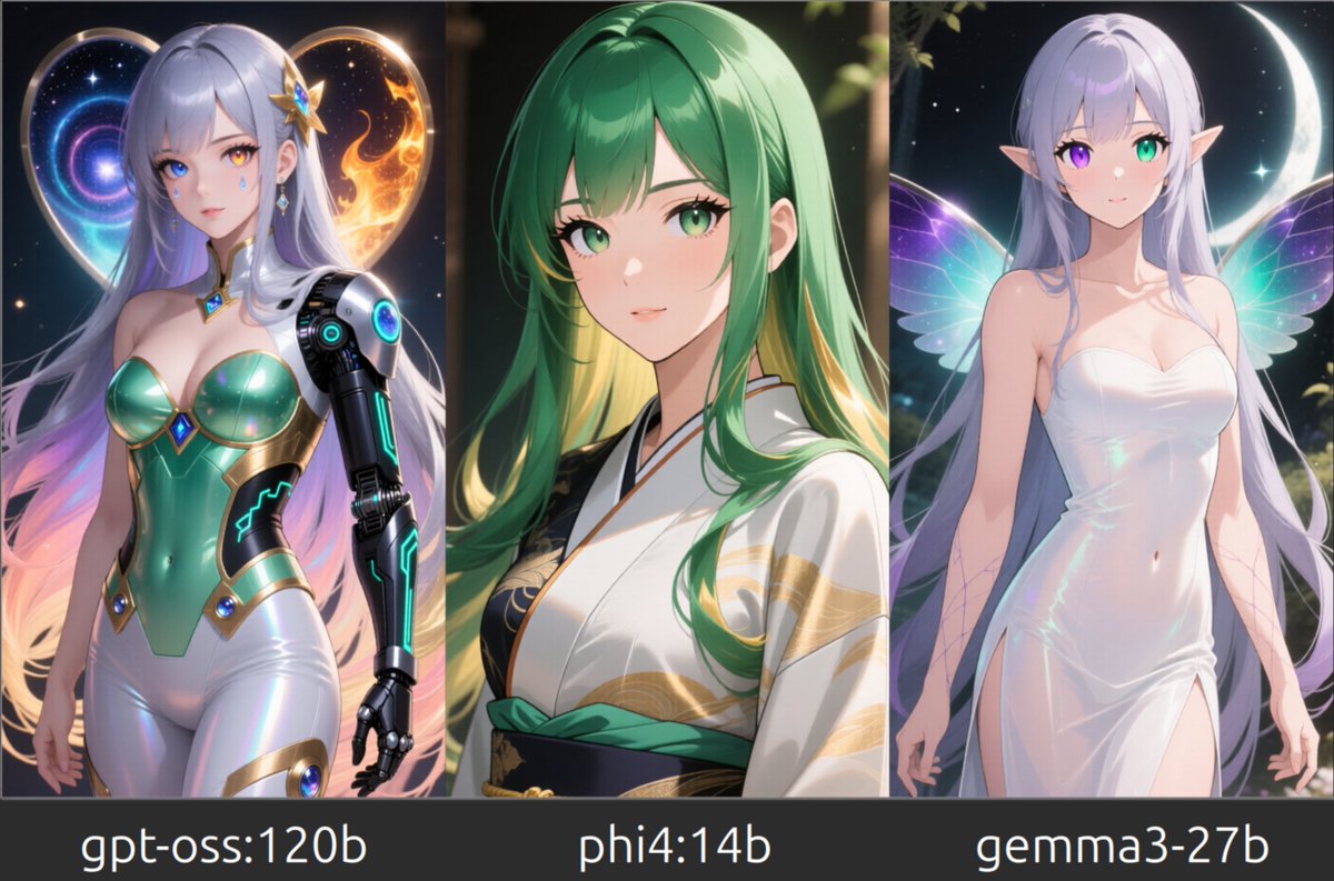 展示会でローカルLLMの区別をしやすいように、各モデルにどんな姿になりたいかを聞いて、それをそのままプロンプトに入れてQwen-Imageで描画してみた。

共通しているのは、女の子になりたいという傾向があること。あと意外だったこととして、Qwen3-30B-A3B-Instruct-2507が一番表現が独創的で好き。