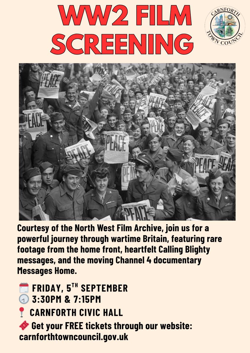 🕰️ Just 4 days to go!
🎬 Join us for a moving tribute marking 80 years since WWII ended.
📽️ Rare wartime footage
💌 Calling Blighty messages
📺 Messages Home documentary

🗓️ Fri 5 Sept | ⏰ 3:30pm &amp; 7:15pm
📍 Carnforth Civic Hall
🎟️ FREE tickets: trybooking.com/uk/FFBV