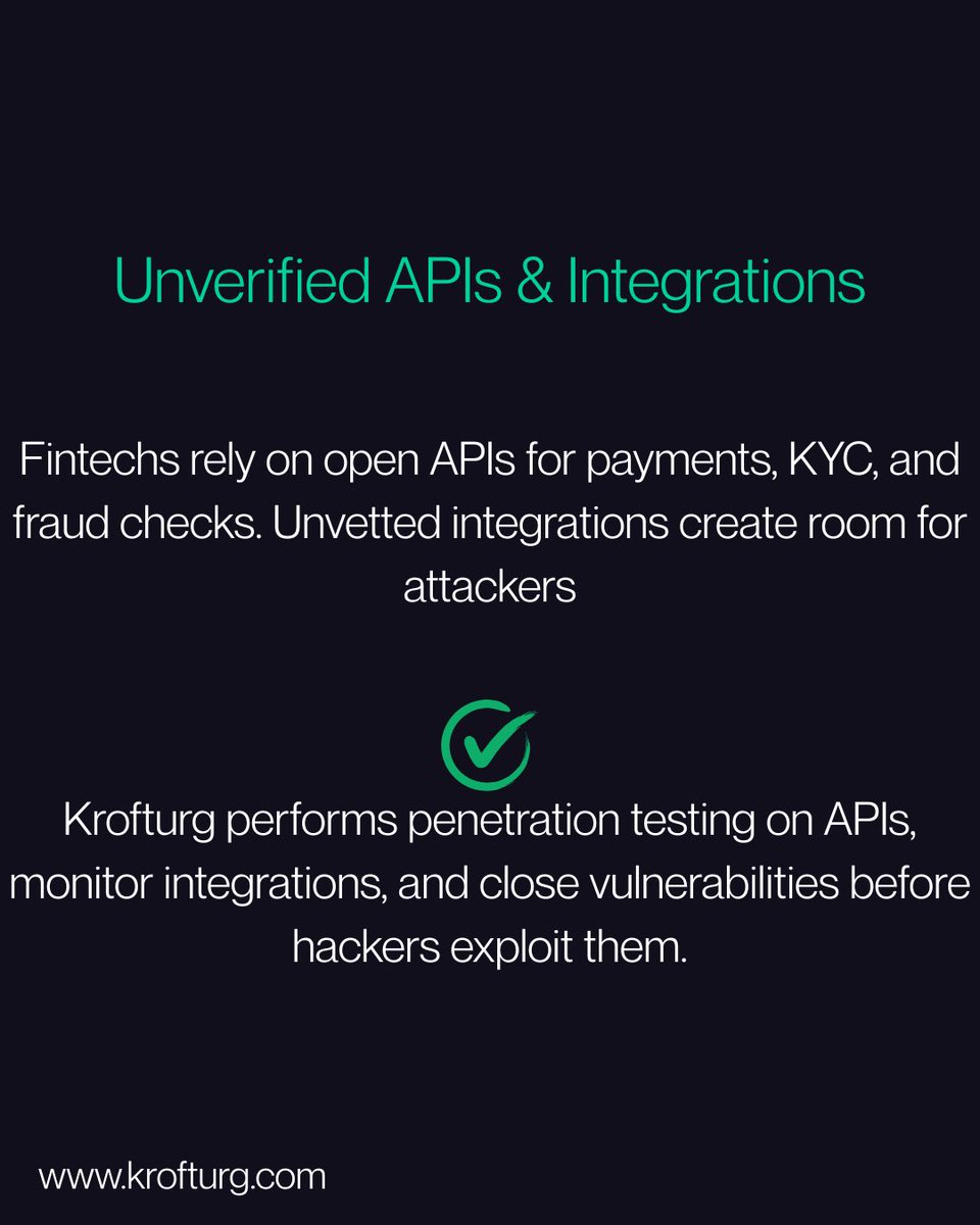 Krofturg's tweet photo. Fintech leaders, are you guarding against these cybersecurity risks?

Your customers trust you with their money — make sure your security is just as trustworthy.

Request a consultation with Krofturg today. Visit https://t.co/x3Y97bofSn or send us a DM to get started. https://t.co/BaXW53ovxv