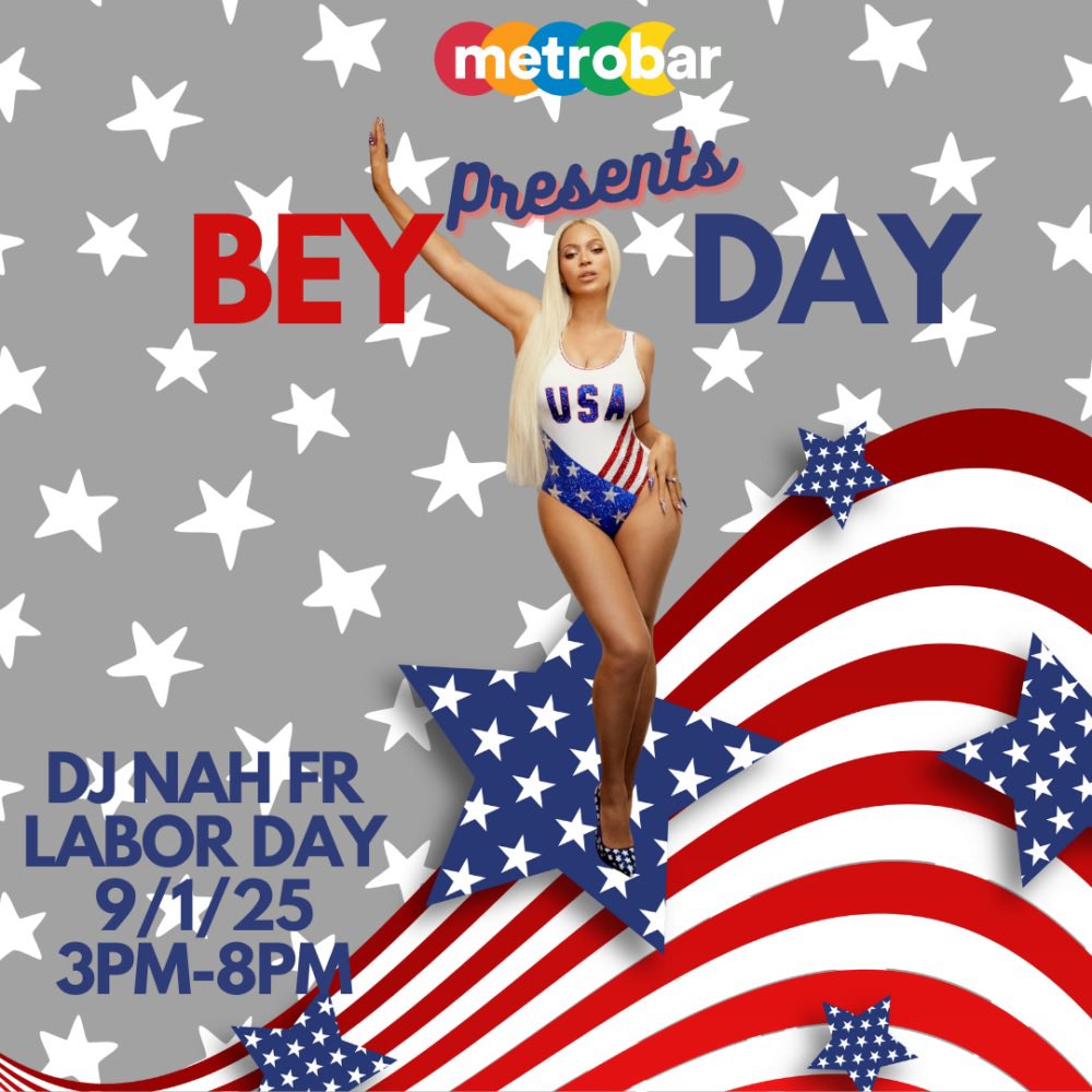 metrobardc's tweet image. Join us at metrobar TODAY for a special Labor Day Monday edition dedicated to Beyoncé! Experience an incredible set w/ @DJNahFR 🎧🎤🎶 who will take you on a journey
through Beyoncé&apos;s greatest hits, collaborations, and inspirations as we celebrate the Queen&apos;s birthday! ☀️🕶️🍻🍹