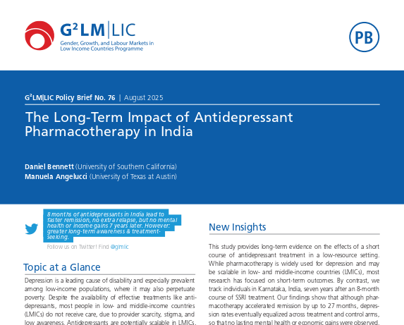 G2LM|LIC (@glmlic) on Twitter photo Eight months of antidepressants in India lead to faster remission, no extra relapse, but no mental health or income gains seven years later. 📄 New Policy Brief <a href="/GLMLIC/">G2LM|LIC</a> by <a href="/bennett_econ/">Daniel Bennett</a> and <a href="/M_Angeluc/">Manuela Angelucci</a>
Read more👉 : bit.ly/3UVos7B
<a href="/FCDOGovUK/">Foreign, Commonwealth & Development Office</a> #EconTwitter Eight months of antidepressants in India lead to faster remission, no extra relapse, but no mental health or income gains seven years later. 📄 New Policy Brief <a href="/GLMLIC/">G2LM|LIC</a> by <a href="/bennett_econ/">Daniel Bennett</a> and <a href="/M_Angeluc/">Manuela Angelucci</a>
Read more👉 : bit.ly/3UVos7B
<a href="/FCDOGovUK/">Foreign, Commonwealth & Development Office</a> #EconTwitter