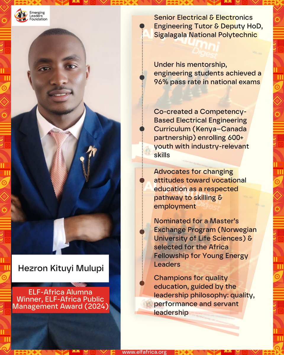 ⚡ Powering the Future Through Education
Meet Hezron Kituyi Mulupi, winner of the 2024 ELF-Africa Public Management Award.

From shaping Kenya’s competency-based electrical engineering curriculum to mentoring students who achieved a 96% national exam pass rate, Hezron is