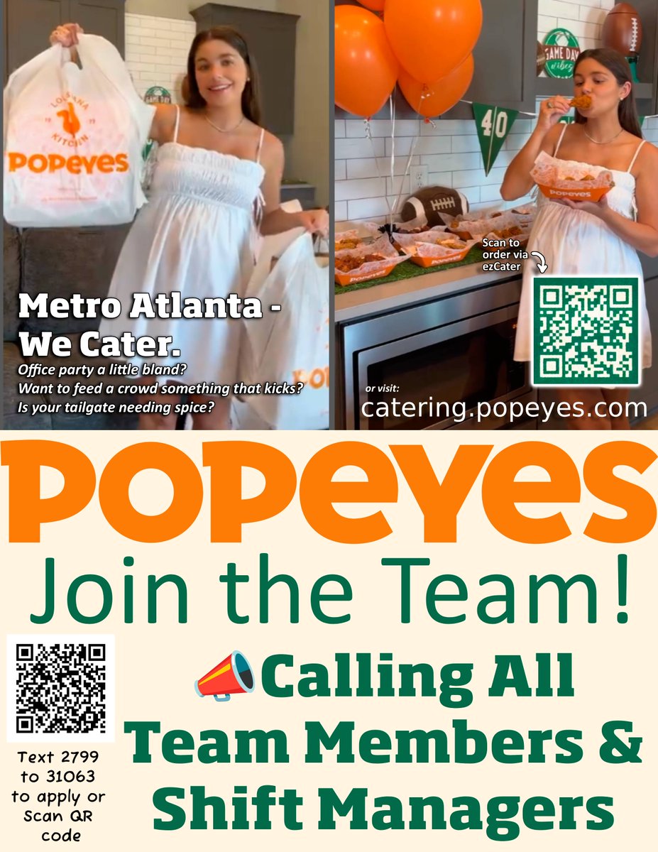FunkyChickenATL's tweet image. 🍗 ATL — Hungry for Flavor &amp;amp; a Fresh Opportunity? 🍗
We’re bringing the Louisiana spice to the Metro Atlanta area —  we want YOU to be part of it!
🔥 Feed Your Crew📲 catering.popeyes.com
🔥 Feed Your Career👉: workstream.us/j/74bf9108/pop…
#Popeyes #Atlantajobs #PopeyesCatering