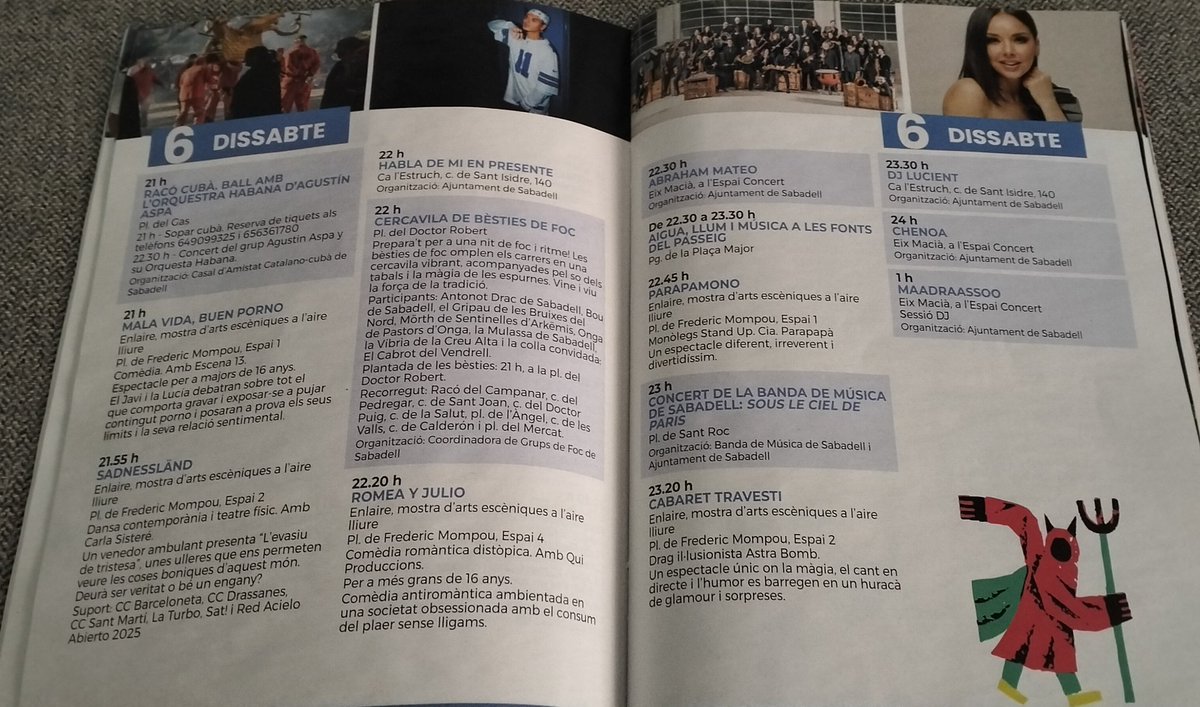 1️⃣ Rebo el programa de Festa Major de Sabadell:
😯 -> la senyera ara té tres barres

2️⃣ Obro el programa i el fullejo:
😨 -> teatre quasi tot en castellà i els concerts de l'Eix Macià 80% en castellà

L'any vinent escrit en castellà també?
#psoeStyle #juntsxcatcòmplice