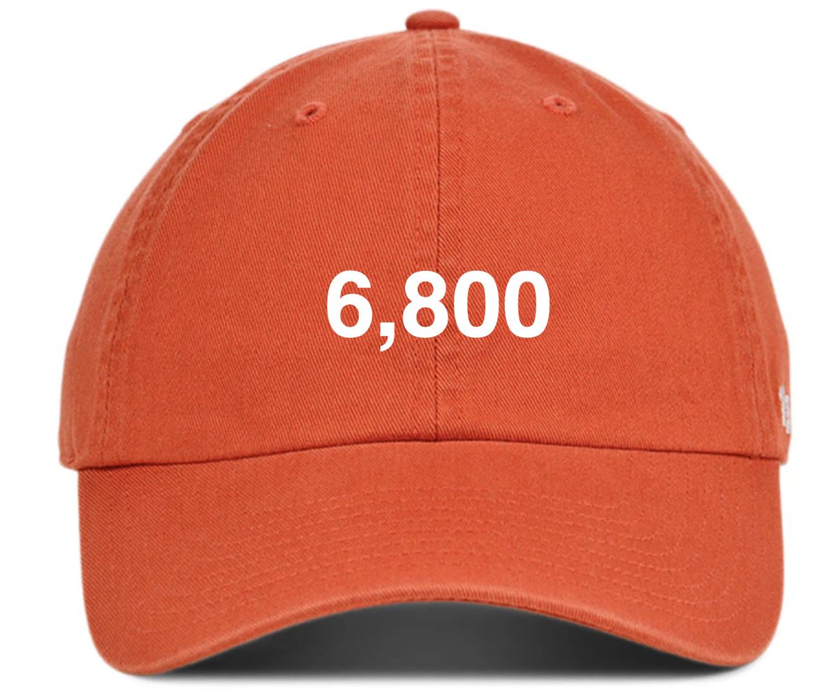 A red baseball cap with a curved brim. The cap has the number "6,800" in white text centered on the front panel.