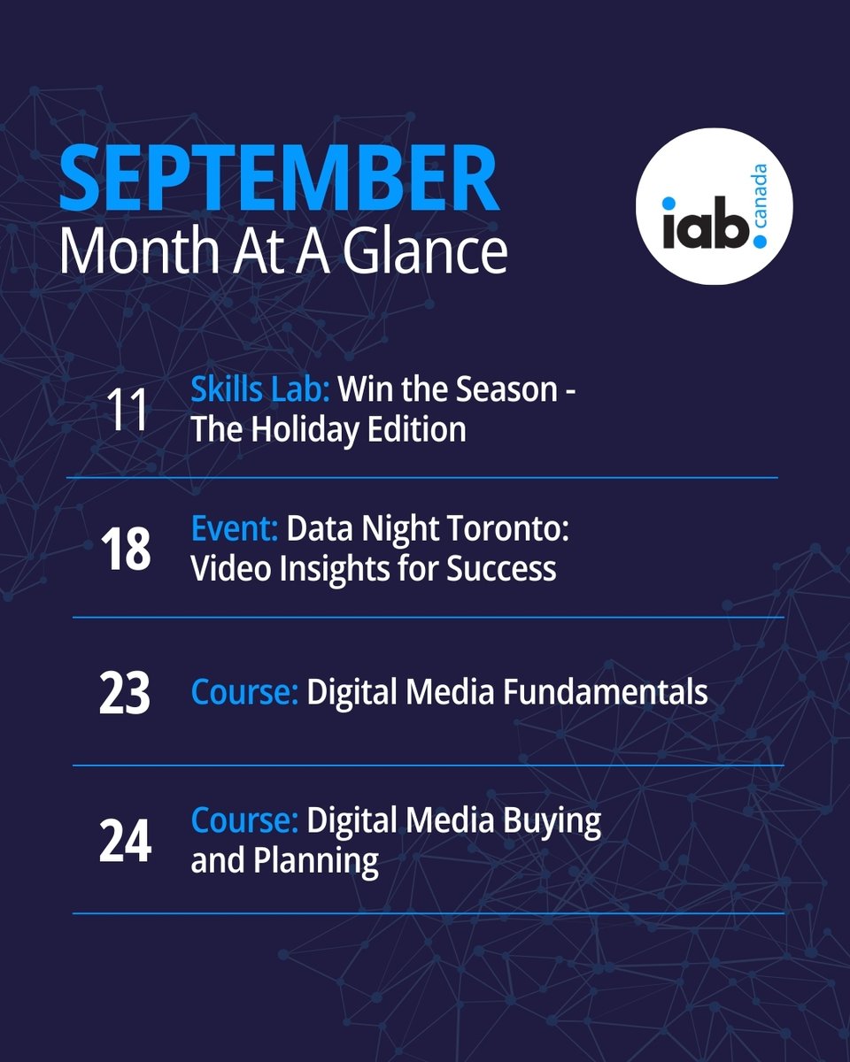 iabcanada's tweet image. September is shaping up to be a high-impact month at IAB Canada!

📆 Check out the full September lineup and register now: hubs.ly/Q03G79bx0

#IABCanada #SkillsLab #DataNight #DigitalMarketing #AdTech #ProfessionalDevelopment #September2025 #MarketingEvents