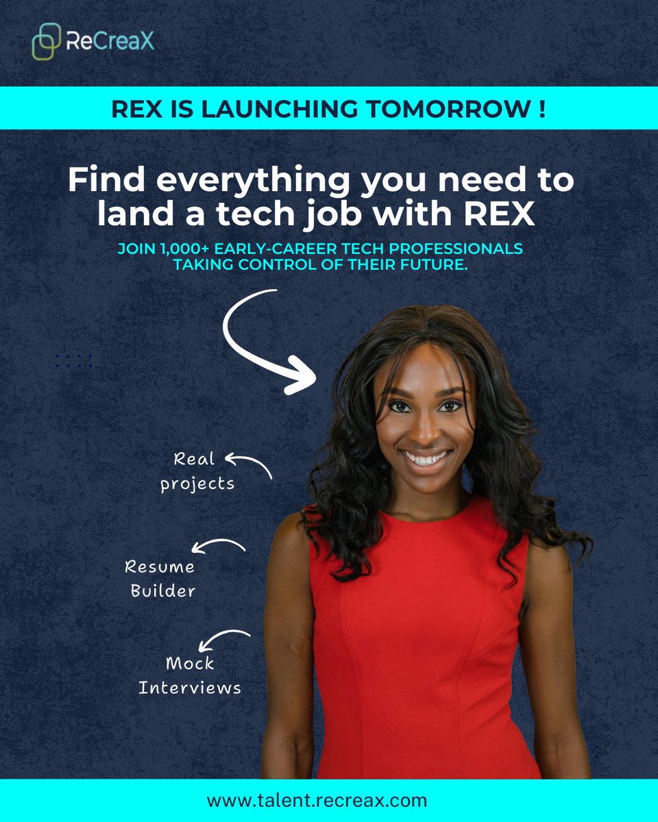 ReCreaX_'s tweet image. With REX AI Resume, your skills and projects are turned into a job-ready resume that actually gets noticed.

REX Is launching tomorrow. Join the waitlist  Comment &quot;REX&quot; if you&apos;re ready 

#REX #BreakIntoTech #TechJobs #CareerSwitch #SelfTaughtDev