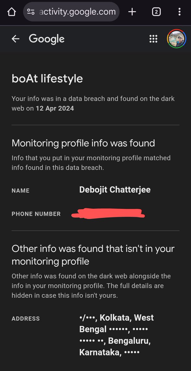 arkadebojit's tweet photo. @amangupta0303 @RockWithboAt 
 As per Google's dark web monitoring service has alerted me that my personal information has been leaked. I am deeply concerned about this data exposure​Could you please provide guidance on the recommended steps to secure my information #dataprivacy https://t.co/BMJYdMDalv