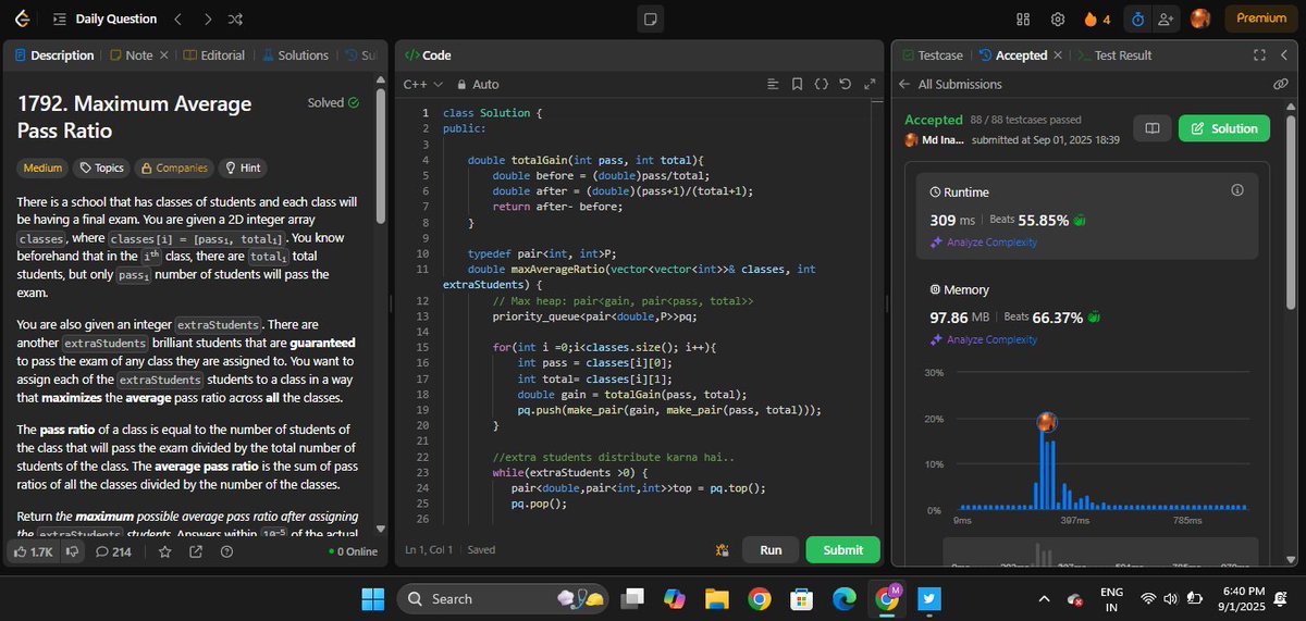 inamul_codz's tweet image. Solved #Leetcode POTD today

1792. Maximum Average Pass Ratio

Uses Priority_queue ..Medium level Question

Link: leetcode.com/problems/maxim…

1792. Maximum Average Pass Ratio

#letsconnect #buildinpublic #OlaElectric #HBDPawanKalyan #google #gfg #leetcode #web3 #DSA #java #python