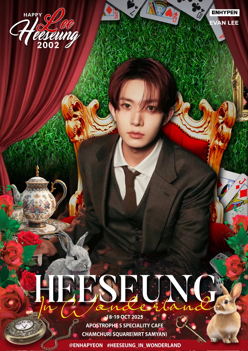 JAY Rewind And Roll คาเฟ่วันเกิดเจย์ enhypen (@enhapyeon) on Twitter photo You're all invited.
Please don't be late! 🕰 
Stay tuned for ENHYPEN Heeseung's Birthday Party ☕️
 #HEESEUNG_in_Wonderland 
Save the date 
📅 18-19 Oct 2025
📍Apostrophe s speciality cafe, B1 floor Chamchuri square (MRT Samyan, exit 3) 
#คาเฟ่วันเกิดฮีซึง #HEESEUNG_ENHYPEN You're all invited.
Please don't be late! 🕰 
Stay tuned for ENHYPEN Heeseung's Birthday Party ☕️
 #HEESEUNG_in_Wonderland 
Save the date 
📅 18-19 Oct 2025
📍Apostrophe s speciality cafe, B1 floor Chamchuri square (MRT Samyan, exit 3) 
#คาเฟ่วันเกิดฮีซึง #HEESEUNG_ENHYPEN
