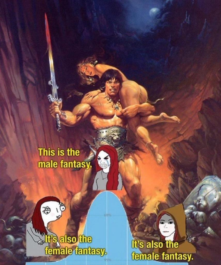 La mayoría de mujeres dice que está es la fantasía masculina. Cuando en realidad este tipo de imágenes son las portadas de las novelas de romance que las propias mujeres escriben y venden a otras mujeres.

Solo las mujeres de bajo CI (si promedio ya es bajo, pero aún más)