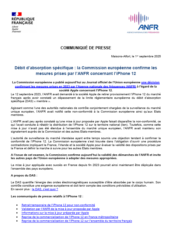 📱Débit d’absorption spécifique : la Commission européenne confirme les mesures prises par l’ANFR concernant l’iPhone 12

👉 Pour en savoir plus : anfr.fr/liste-actualit…